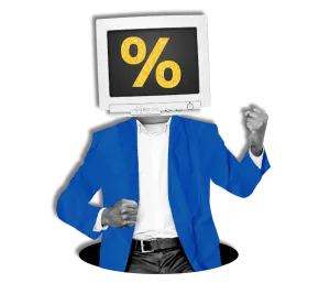 graphic of human with a computer head displaying a percentage sign