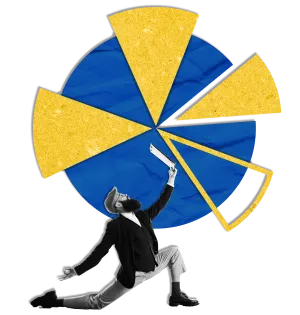 graphic of someone kneeling in front of a pie chart