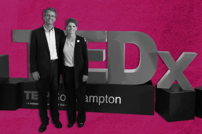 geoffrey tumlin and cindi baldi next to TEDx logo