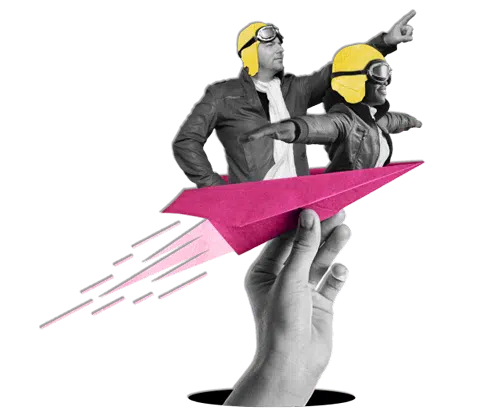 graphic of two people riding on a paper airplane